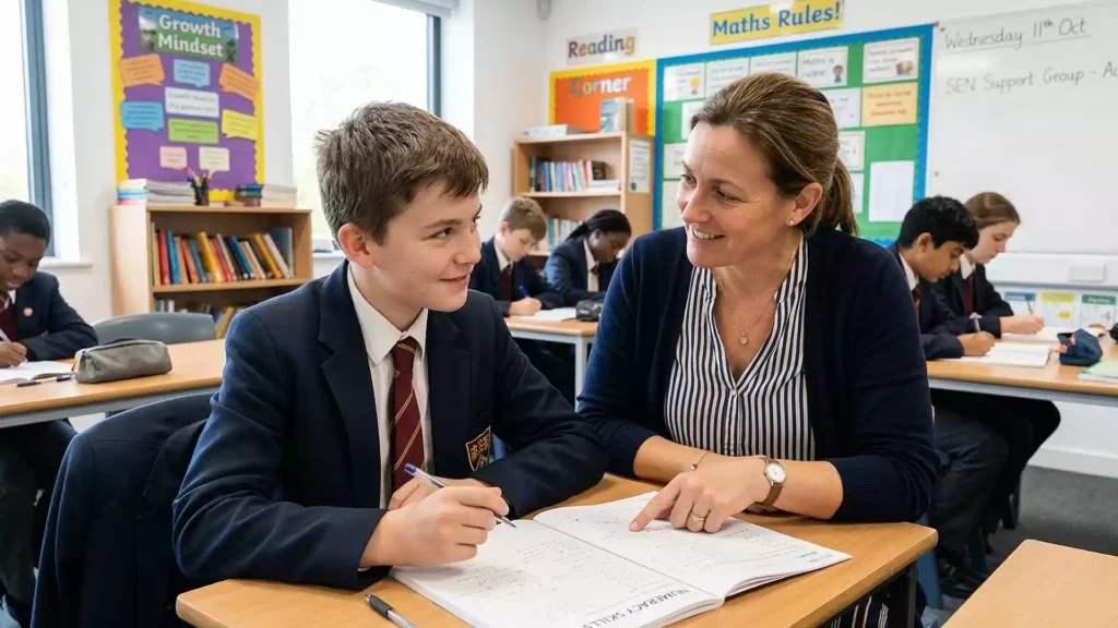 A compassionate teacher assisting a boarding school student with learning difficulties in a modern classroom