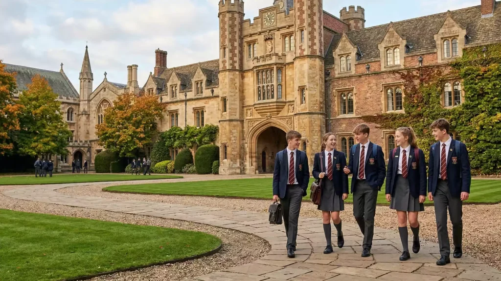 Students in traditional uniforms walking across a historic British residential academy campus