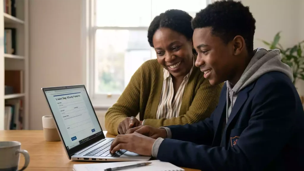 a parent and student smiling while filling out the British school assessment on a modern laptop